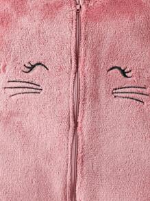 SHEIN Playful Pals 女婴绒毛兔耳长袖连帽连体衣睡衣 - 藕粉色 - 查看 4