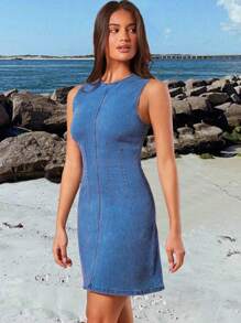 Forever 21 秋冬女士蓝色/基本款/夏季连衣裙/复古/圣诞派对连衣裙/新年连衣裙/节日连衣裙/圣诞连衣裙/感恩节连衣裙/新年前夜连衣裙/圣诞节女士迷你牛仔连衣裙 - 藍色 - 查看 10