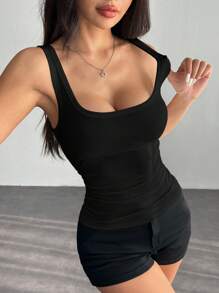 SHEIN PETITE Casual All-Match White Cami Top With Deep U-Neck And Racerback - Black - View 3