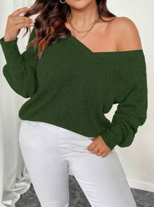 SHEIN Unity Suéter de punto de manga larga con cuello en V, espalda abierta y cordón, unicolor, talla grande, para otoño e invierno