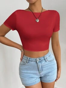 SHEIN EZwear Camiseta de mujer con diseño de vuelta abierta y retorcido, de un solo color, de uso casual y de moda para uso diario - Rojo - Ver 5