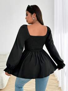 Flirla 大码女式甜心领荷叶边长袖系腰蝴蝶结装饰提花拼接休闲衬衫荷叶边上衣 - 黑色 - 查看 2