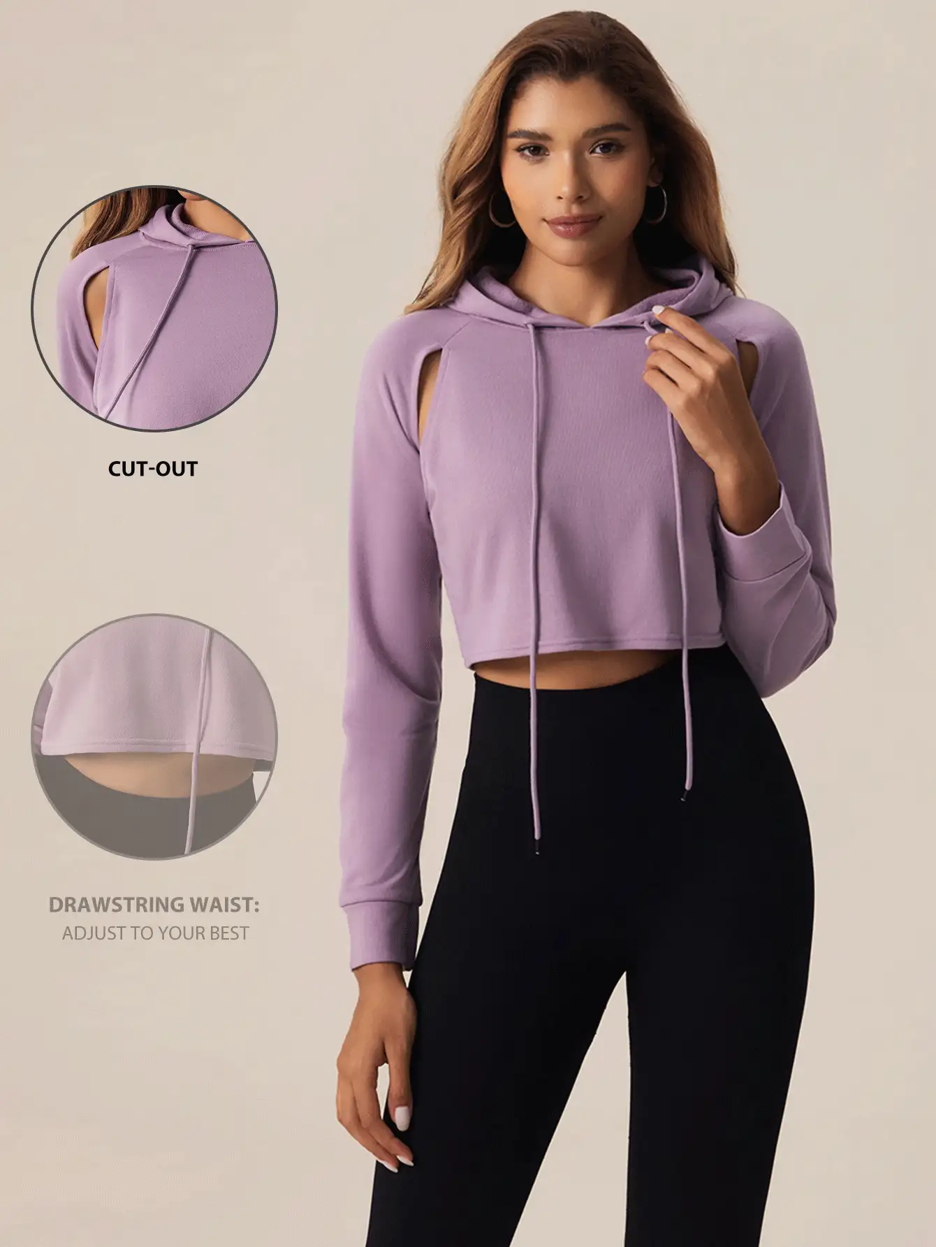 SHEIN Sports 女士纯色长袖连帽衫，简约时尚休闲日常穿着运动休闲套装女士运动套装短款连帽衫短款上衣连帽衫