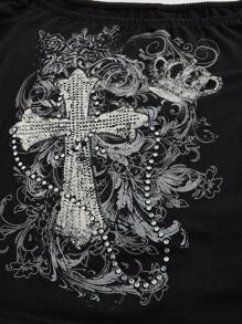 ROMWE Grunge Punk 垃圾摇滚十字藤蔓印花基本款露肩紧身女式吊带背心 - 黑色 - 查看 3