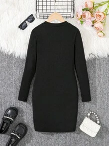 SHEIN Leap Crew Tween Girls' Urban Chic Round Neck Form-Fitting Bead Embellished Long Sleeve Dress - Black - View 2