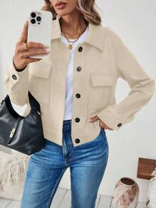 SHEIN LUNE Women's Autumn/Winter Faux Suede Slim Cargo Pockets Short Jacket - Apricot - View 6