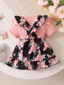 SHEIN 2pcs/Set Girl Summer Outfit, English Print Short Sleeve Blouse And Floral Printed Flare Pants - Pink - View 2