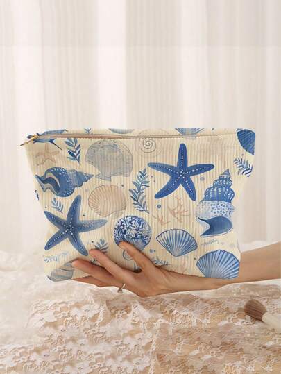 1pc Portable Makeup Bag With Seashell And Starfish Pattern, Double Sided Printing, Travel Zipper Cosmetic Bag, Multi-Functional Toiletry Organizer,Fall Decor,Autumn Decor,Room Decor