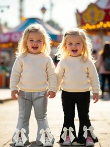 2 piezas Pantalones acampanados con dobladillo tejido y contraste de color, estilo casual y lindo para bebé niña, adecuado para primavera y otoño - Multicolor - Ver 1