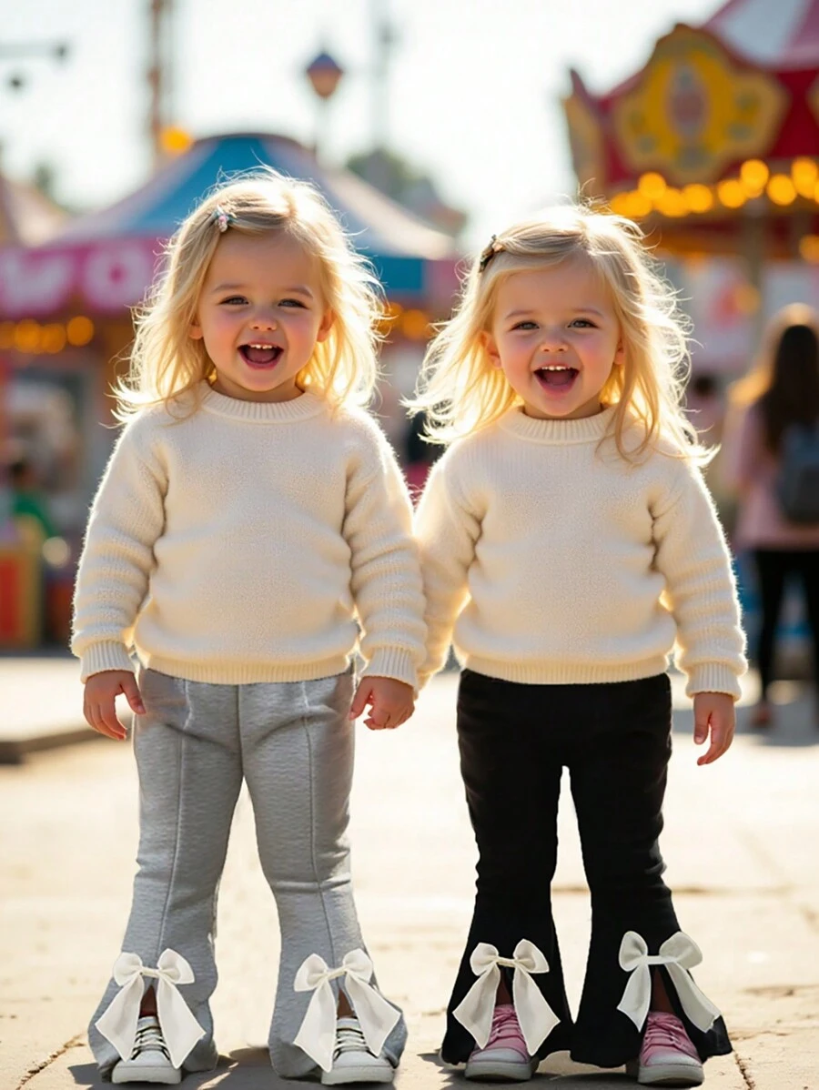 2 piezas Pantalones acampanados con dobladillo tejido y contraste de color, estilo casual y lindo para bebé niña, adecuado para primavera y otoño - Multicolor - Ver 1