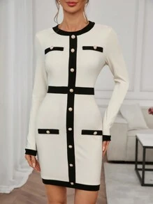 SHEIN Clasi 女士秋冬保暖羊毛拼接圆领长袖修身优雅迷你连衣裙休闲感恩节服装女士连衣裙女士长袖连衣裙