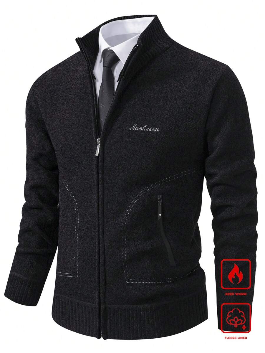 Manfinity Homme Men Front Zip Long Sleeve Pockets Casual Jacket, Basic Everyday Wear - Black - View 1