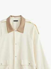 Manfinity VCAY Men's Beige Contrast Color Splice Woven Long Sleeve Button-Up Jacket,Vintage Color Block Lightweight Casual Autumn Hiking Jacket For Husband Gifts - Apricot - View 3