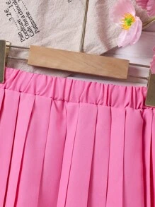 SHEIN 2pcs Tween Girl Set, Knit Cardigan, White Long Sleeve Top With Handmade Flower Decor & Pink Pleated Skirt, Cute Everyday Casual Outfit, Spring/Autumn