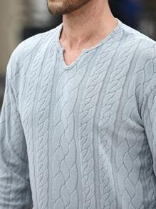Manfinity Homme V 领纯色休闲宽松长袖 T 恤 - 灰色 - 查看 5