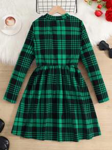 SHEIN Tween Girl Casual Knit Plaid Stand Collar A-Line Long Sleeve Christmas Dress