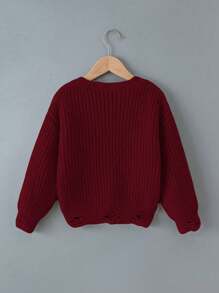Teen Girls Casual Distressed Knit Sweater, Versatile For Autumn/Winter - Red - View 2