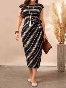 SHEIN LUNE Plus Size Women Striped Print Bowknot Collar Dress Women Outfit, For Summer - Multicolor - View 3