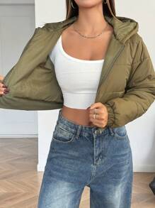 SHEIN 少女纯色短款连帽绗缝休闲街头风保暖加厚外套/棉服 - 軍綠色 - 查看 3