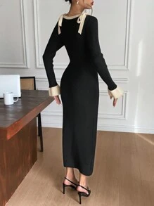 SHEIN Frenchy Women' Color Block Trim Knot Bowknot Detailed Elegant Black Long Sleeve Sweater Dress,Elegant Women Dresses,French Clashing Bowknot Black Square Neck Long Sleeve Sweater Dresses,Fall Women Dresses