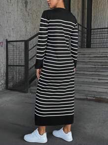 Cloudara Striped Pattern Sweater Dress - Black and White - View 2