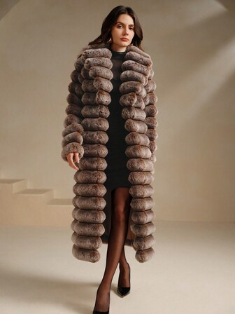 Anewsta Kunstfell Mantel Damen, mittellanges Kaninchenfell Jacke, modischer Fellmantel, Herbst/Winter, Weihnachten, Neujahr, Party, elegant, luxuriös, formell, schick, Abschluss