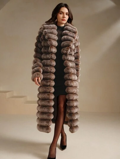 Anewsta Faux Fur Coat Women, Mid-Length Rabbit Fur Jacket, Fashionable Fur Coat, Autumn/Winter, Christmas, New Year, Party, Elegant, Luxury, Formal, Chic, Graduation