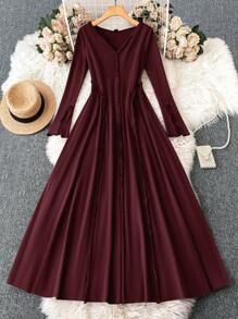Mulvari Vestido largo holgado de manga larga con panel floral plisado estilo árabe para mujer, vestido modesto perfecto para la playa/informal/vacaciones/uso en casa/uso diario, vestido largo elegante color vino tinto