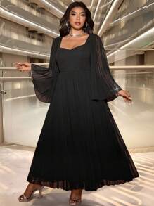 Allurite Plus Size Elegant Banquet Strapless Square Collar Flared Waist Slim Long Black Dress With Inner Lining, Pleated Pearl Chiffon Long Sleeve, For Spring/Autumn Maxi Women Outfit