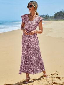 RueChic Ditsy Floral Print Butterfly Sleeve A-line Dress - Đỏ - Xem 5