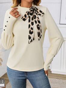 INAWLY Women Leopard Print Lace-Up Thermal Undershirt, Autumn/Winter Graphic Cheetah Print Tees Women Tops - Apricot - View 5