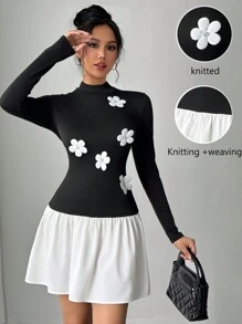 Chiquease Robe longue à motif floral 3D noir et beige pour femmes, automne/hiver