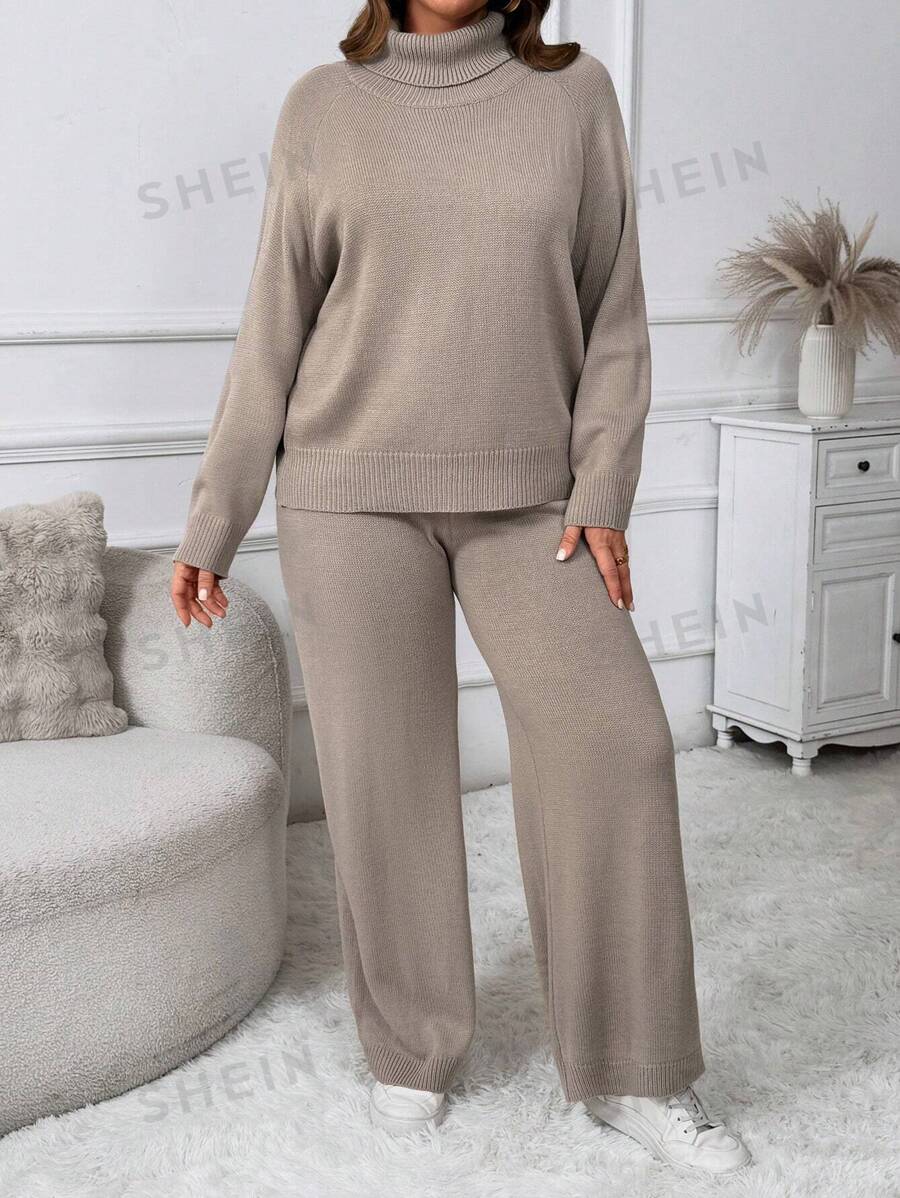 SHEIN LUNE Conjunto de suéter de cuello alto y pantalones de unicolor talla grande, atuendo casual para otoño/invierno