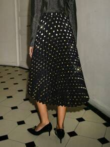 Poéselle 秋季闪耀优雅金箔圆点印花褶皱 A 字裙，派对 A 字裙，闪耀金色圆点褶皱裙，优雅，黑色裙子，FW24 - 銀色 - 查看 5