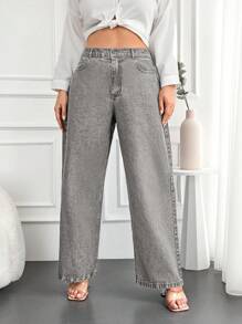 EURMUSE 100%Cotton Plus Zipper Fly Wide Leg Jeans - Grey - View 5