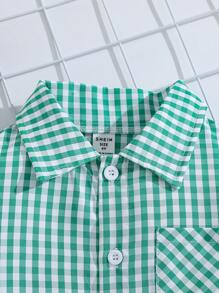 年轻男孩休闲黑白格子长袖口袋衬衫，春秋 - 綠色 - 查看 4