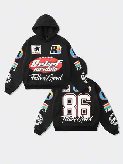 Street Life Men's Letter Print Loose Cropped Hoodie Sweatshirt, Street Style For Autumn/Winter