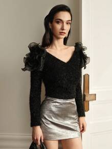 MOTF PREMIUM FLUFFY KNIT RUFFLE TRIM TOP - Black - View 11