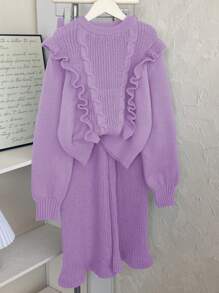 Tween Girls Blue Frill Trim Sweater Set, The Unique Frill Trim Design On The Set Adds A Touch Of Sweetness And Cuteness For Kids - Purple - View 4