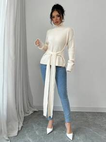 Elenzga 经典收腰纯色套头毛衣，休闲时尚，日常穿着 - 米色 - 查看 3