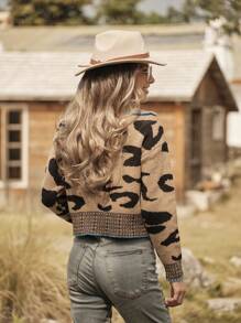 LanaWest 女士休闲复古豹纹半拉链套头毛衣针织衫秋冬款 - 卡其色 - 查看 2