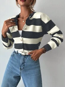 EURMUSE Women's Casual Everyday Contrast Color Striped Front Button Cardigan, Autumn/Winter - Dark Grey - View 4