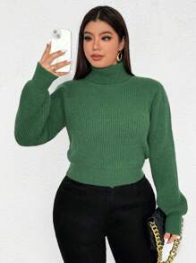 Calvaya Plus Size Women's Turtleneck Ribbed Knit Sweater, Autumn/Winter Knit Pullover Fall - Green - View 3