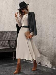 EMERY ROSE Women Lace Patchwork Round Neck Long Sleeve Casual Mini Dressspring Clothes - Apricot - View 5