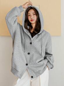 Dazy-Less Thicken Fleece Hooded Loose Solid Color Sweatshirt Sweatshirt For Women,Fall Clothes Jacket,Winter Hoodies - Grey - View 5