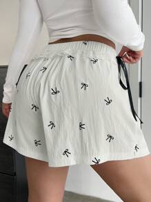 Flirla Plus Size Women Casual Flared Pants With Lace Trim & Bow Decor, Loose Shorts Fit For Summer - Beige - View 2