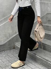 Solid Color Pocket Drawstring Women's Casual Straight Jeans - Black - View 7
