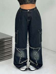 SHEIN EZwear Plus Size Star Printed Relaxed Fit Straight Leg Jeans - Blue - View 1
