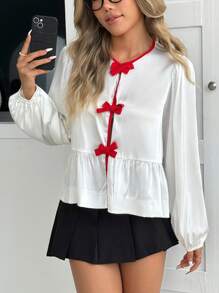 SHEIN EZwear 女式撞色系带长袖休闲衬衫 - 白色 - 查看 4