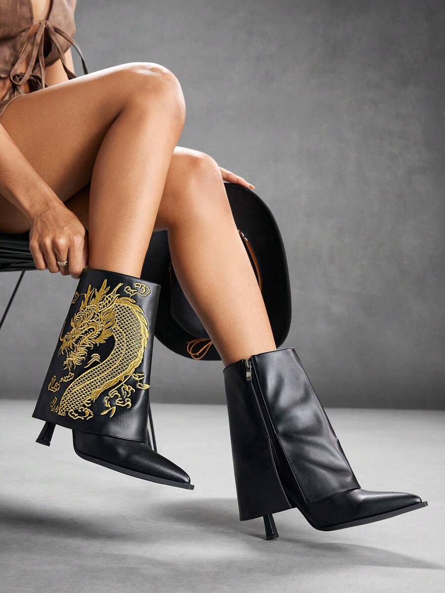 CUCCOO SZL 性感时尚尖头刺绣细高跟侧拉链休闲黑色踝靴女式新年假期 - 黑色 - 查看 1